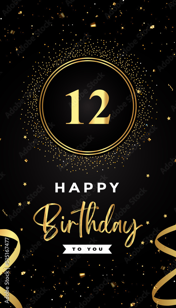 12th Birthday celebration with gold circle frames, ribbons, stars, and gold confetti glitter. Premium design for brochure, poster, leaflet, greeting card, birthday invitation, and Celebration events. 12th Birthday celebration with gold circle frames, ribbons, stars, and gold confetti glitter. Premium design for brochure, poster, leaflet, greeting card, birthday invitation, and Celebration events.