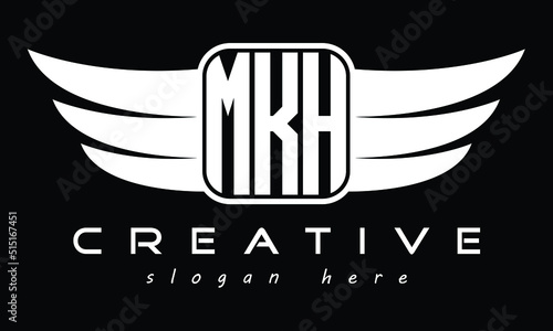 MKH three Letter Wings Flying Initial wing symbol minimalist creative concept flag icon professional logo design Vector template with abstract black and white tattoo photo