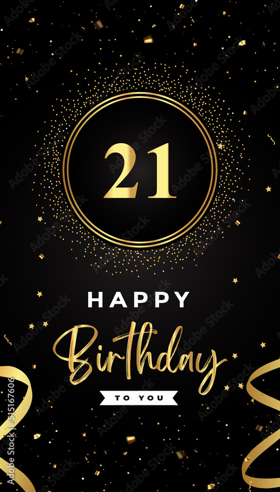 21th Birthday celebration with gold circle frames, ribbons, stars, and gold confetti glitter. Premium design for brochure, poster, leaflet, greeting card, birthday invitation, and Celebration events. 21th Birthday celebration with gold circle frames, ribbons, stars, and gold confetti glitter. Premium design for brochure, poster, leaflet, greeting card, birthday invitation, and Celebration events.