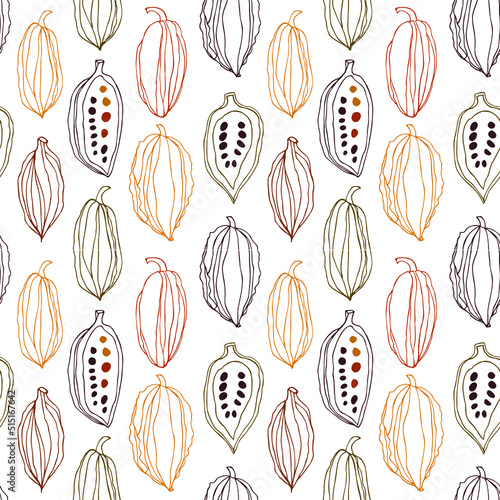 Seamless beauty pattern with cocoa beans. Decorative vector linear chocolate background