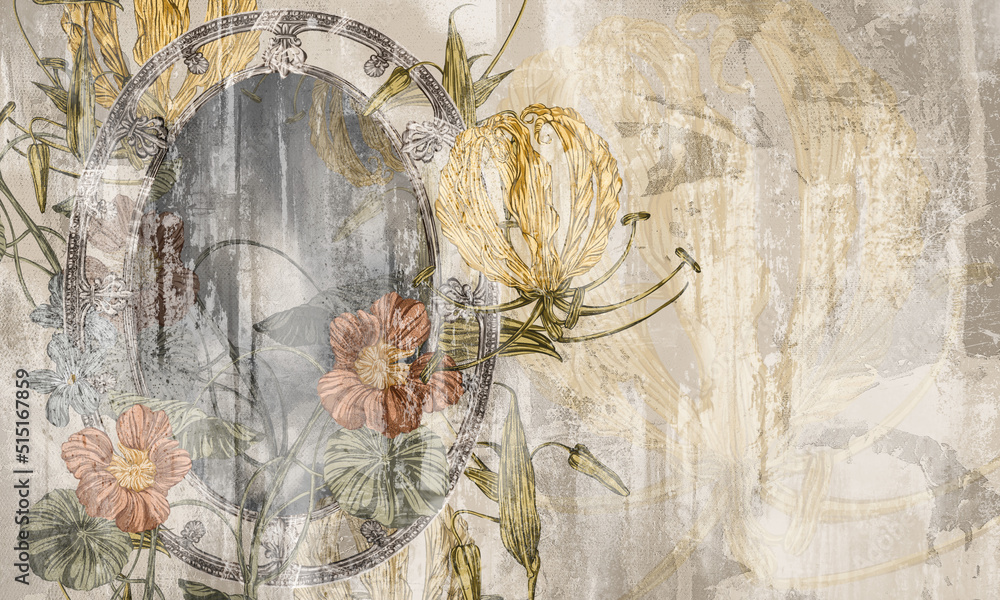 vintage mirror with flowers on a textured shabby background photo wallpaper in the interior