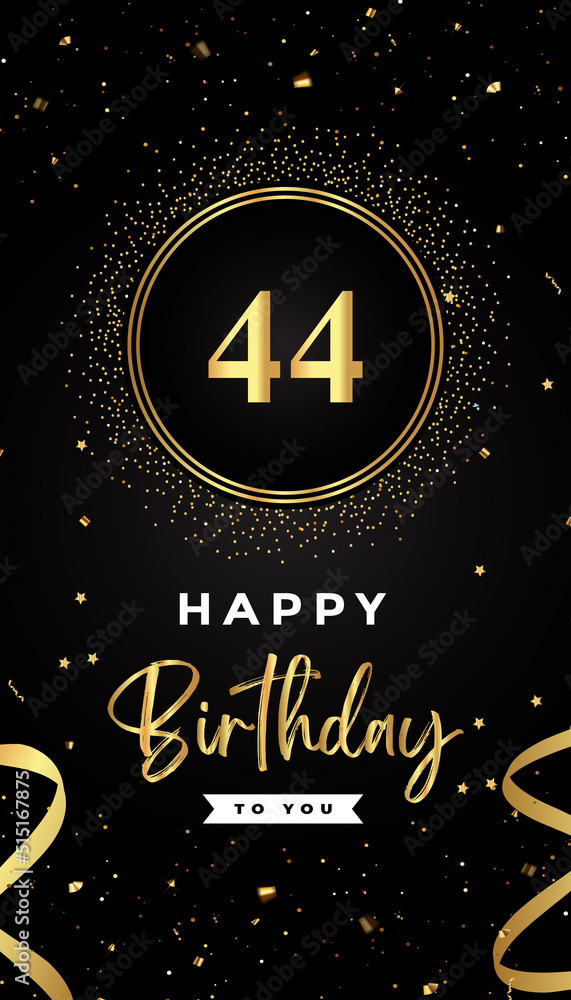 44th Birthday celebration with gold circle frames, ribbons, stars, and gold confetti glitter. Premium design for brochure, poster, leaflet, greeting card, birthday invitation, and Celebration events. 44th Birthday celebration with gold circle frames, ribbons, stars, and gold confetti glitter. Premium design for brochure, poster, leaflet, greeting card, birthday invitation, and Celebration events.