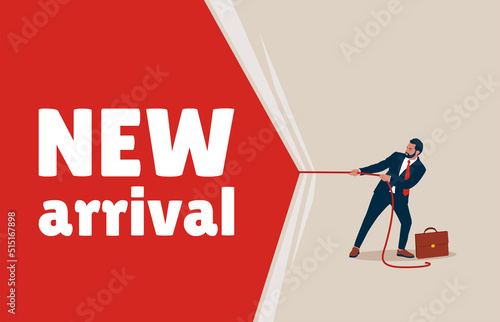 Businessman pulling curtain about new arrival.