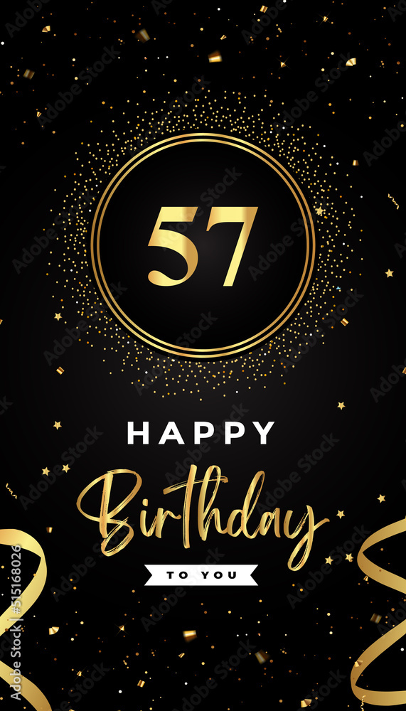 Naklejka premium 57th Birthday celebration with gold circle frames, ribbons, stars, and gold confetti glitter. Premium design for brochure, poster, leaflet, greeting card, birthday invitation, and Celebration events. 