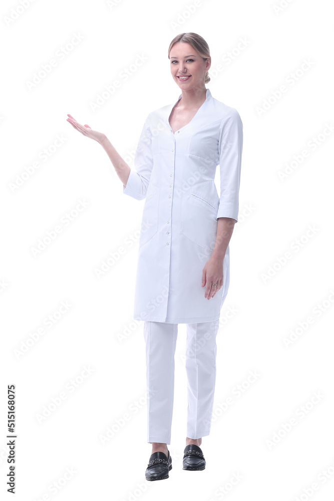 smiling doctor woman pointing on copy space. isolated on white smiling doctor woman pointing on copy space. isolated on white