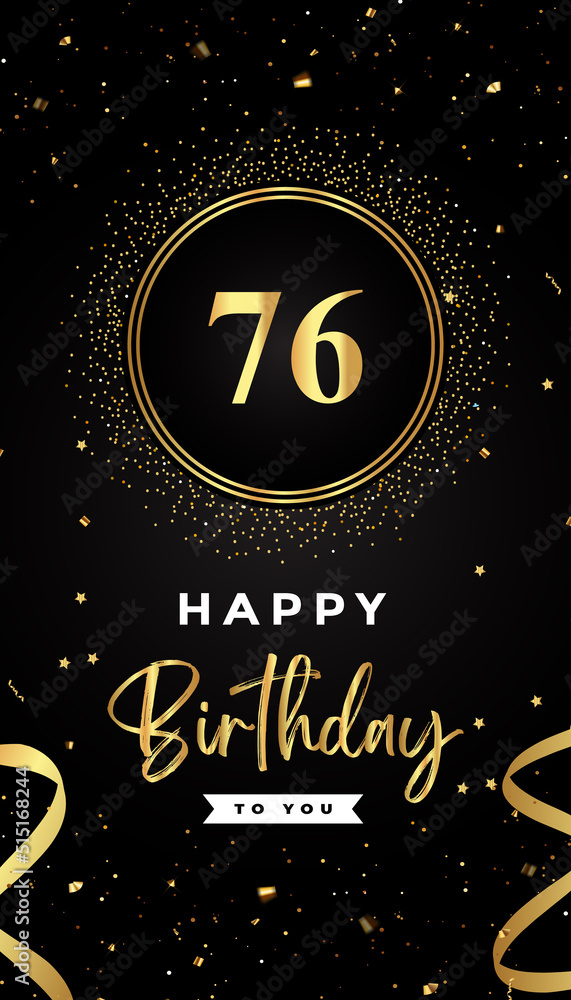76th Birthday celebration with gold circle frames, ribbons, stars, and gold confetti glitter. Premium design for brochure, poster, leaflet, greeting card, birthday invitation, and Celebration events. 