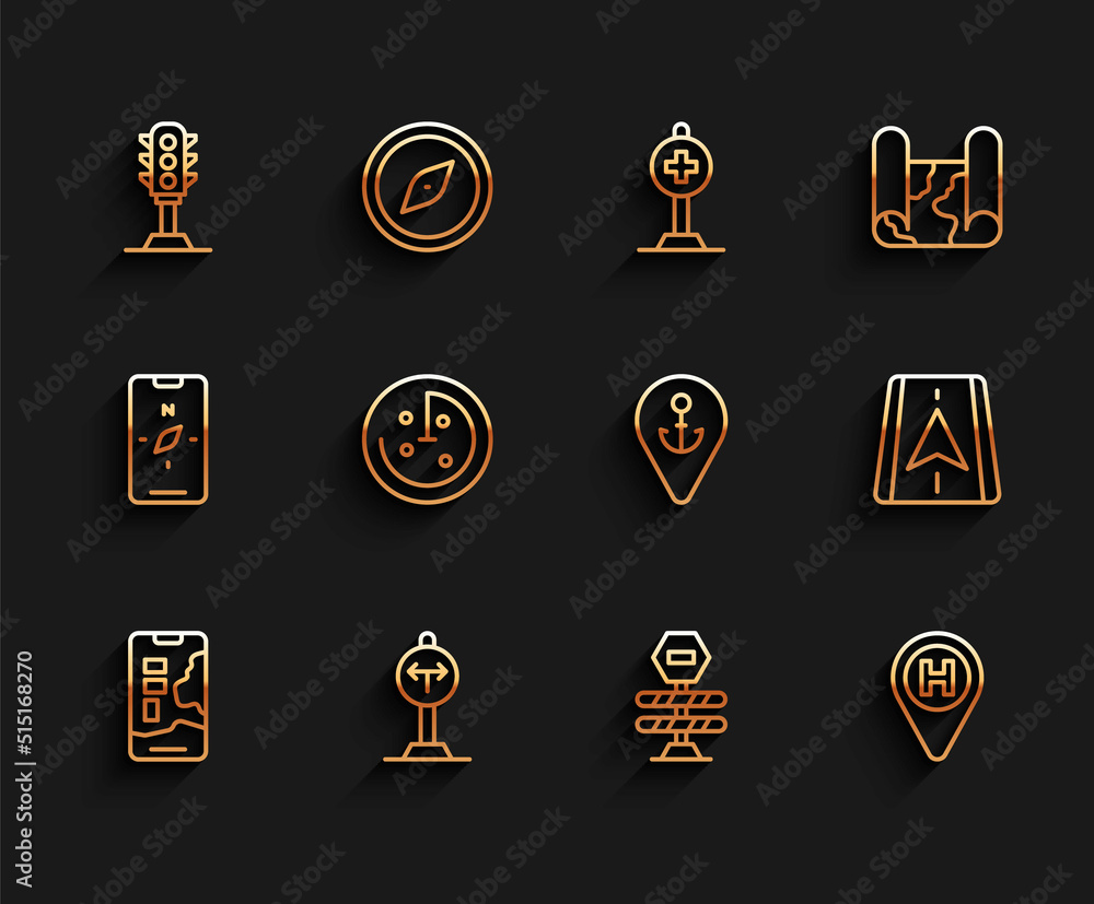 Set line City map navigation, Fork in the road, Traffic light, Road barrier, Helicopter landing pad, Radar with targets monitor, and Location anchor icon. Vector Set line City map navigation, Fork in the road, Traffic light, Road barrier, Helicopter landing pad, Radar with targets monitor, and Location anchor icon. Vector