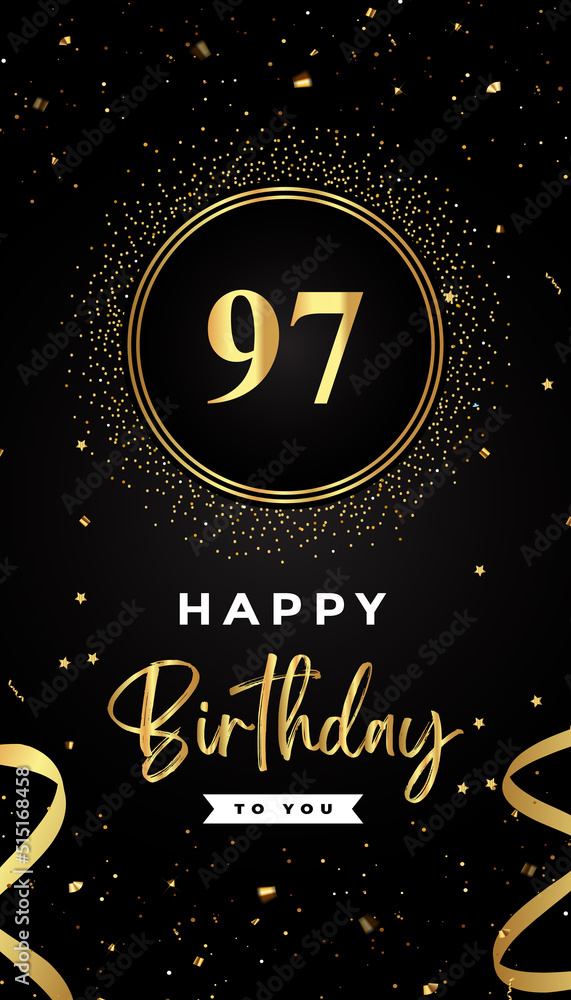 97th Birthday celebration with gold circle frames, ribbons, stars, and gold confetti glitter. Premium design for brochure, poster, leaflet, greeting card, birthday invitation, and Celebration events. 97th Birthday celebration with gold circle frames, ribbons, stars, and gold confetti glitter. Premium design for brochure, poster, leaflet, greeting card, birthday invitation, and Celebration events.