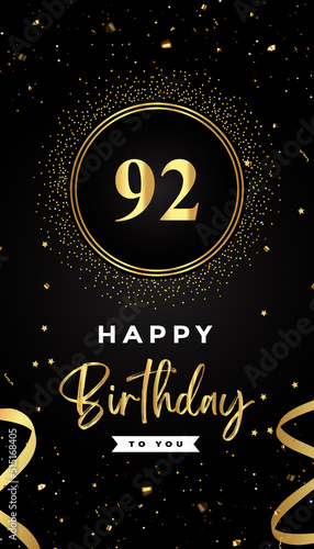 92th Birthday celebration with gold circle frames, ribbons, stars, and gold confetti glitter. Premium design for brochure, poster, leaflet, greeting card, birthday invitation, and Celebration events. 