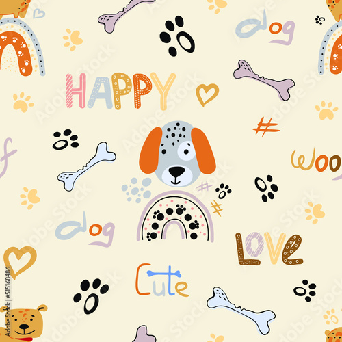 Fototapeta Naklejka Na Ścianę i Meble -  Baby, Kids, Children seamless pattern with handmade dogs. Fashionable scandalous vector background. Ideal for children's clothing, fabrics, textiles, baby decorations, wrapping paper