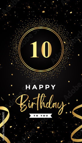 10th Birthday celebration with gold circle frames, ribbons, stars, and gold confetti glitter. Premium design for brochure, poster, leaflet, greeting card, birthday invitation, and Celebration events. 