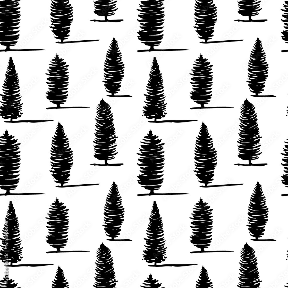 Fototapeta premium Different pine and fir tree seamless pattern. Vector fir tree and pine seamless pattern