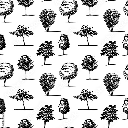 Vector different kinds of trees semless pattern. Tree silhouette hand drawn seamless pattern