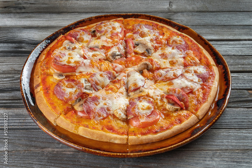 Slices of pizza with mushrooms, cheese and tomatoes on a plate.