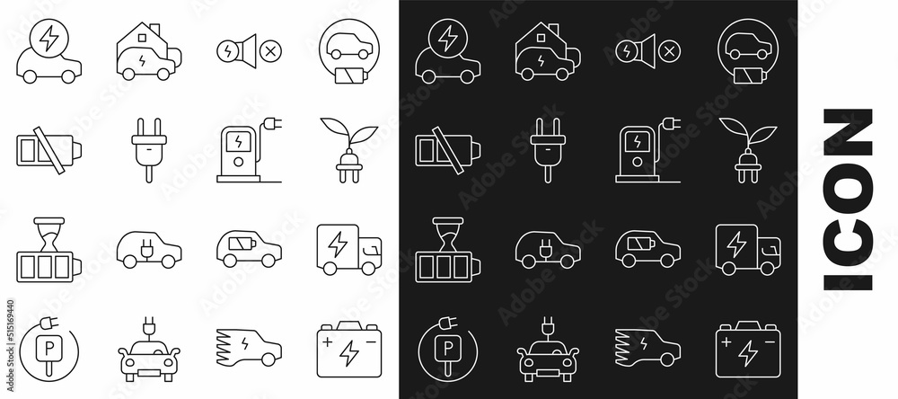 Set line Car battery, Electric truck, saving plug in leaf, motor, Low, car and charging station icon. Vector Set line Car battery, Electric truck, saving plug in leaf, motor, Low, car and charging station icon. Vector