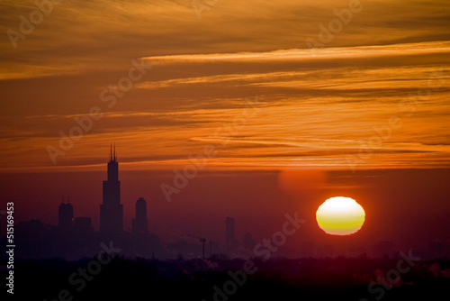 Ciryscape of Chicago downtown on sunset. Colored sky photo