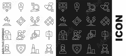 Set line Gender, Feminist activist, Packaging of birth control pills, Female gender, Condom package, rights, Money growth woman and equality icon. Vector