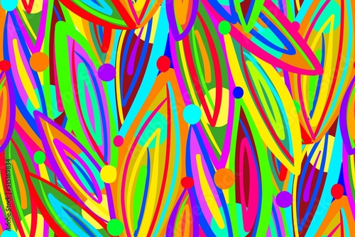 Seamless pattern. Colorful bright psychedelic leaves. For the design of packaging, postcards, fabric. Vector.