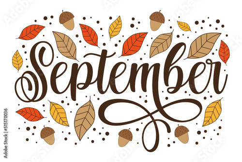 September - autumnal greeting with hand drawn leaves and acorns.