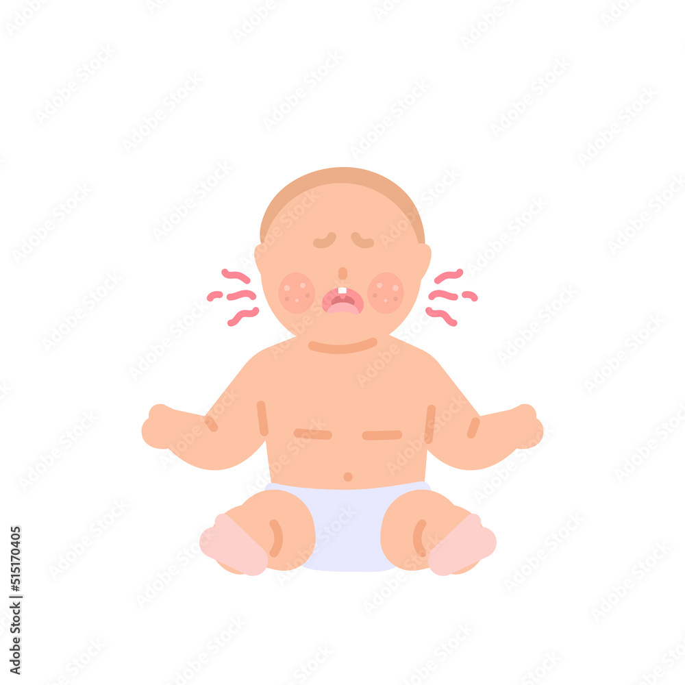 expression of a baby crying because it feels itchy on the skin. symptoms of rashes, allergies, smallpox, measles, skin diseases. health problems. character illustration concept design