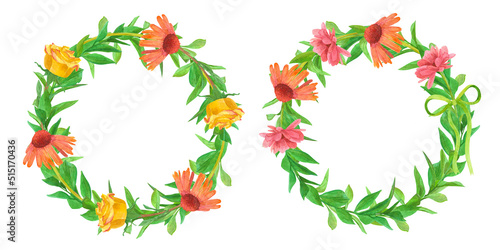 A set of watercolor illustrations of flower wreaths isolated on a white background, green leaves and chamomile, rose and gerbera, frames of field and garden plants with space for text.