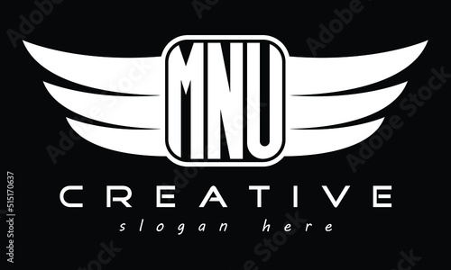 MNU three Letter Wings Flying Initial wing symbol minimalist creative concept flag icon professional logo design Vector template with abstract black and white tattoo photo