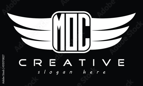 MOC three Letter Wings Flying Initial wing symbol minimalist creative concept flag icon professional logo design Vector template with abstract black and white tattoo