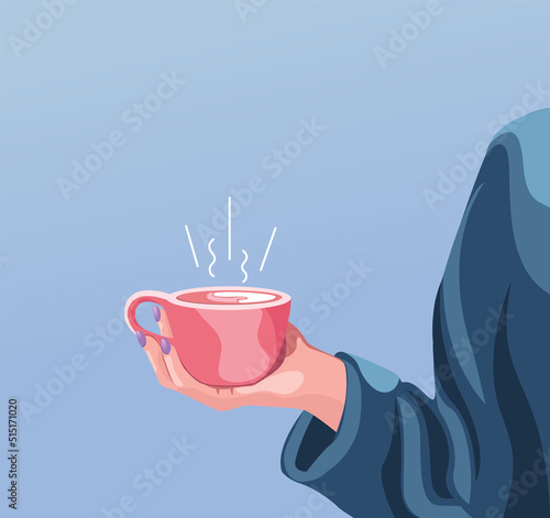 Women Holding Coffee Cup Minimal Closeup Hands Nail Polish Isolated Illustration