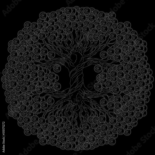 Money tree with EURO coins. A traditional feng shui symbol for attracting wealth and prosperity. White illustration.