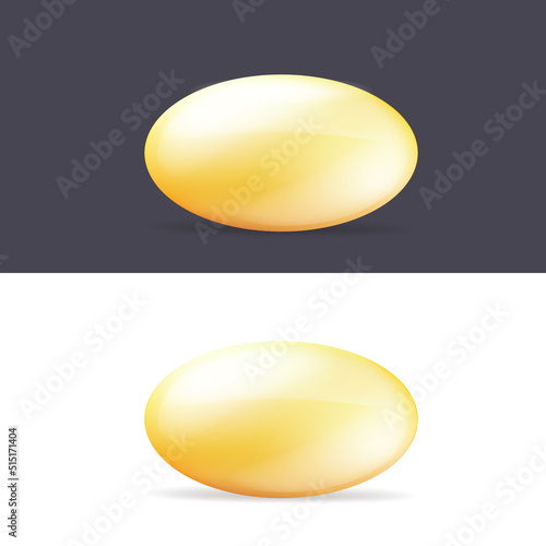 Fish oil supplement capsule set isolated on white background. Omega 3 oil pills. Golden vitamin pilule and tablets. Vector yellow capsule