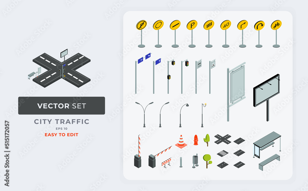 vector set city traffic isometric elements urban city road signs Stock ...