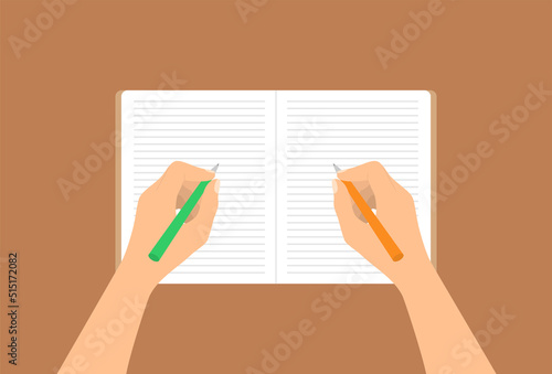 An ambidextrous person writing with both hands in a notebook. Flat vector illustration photo