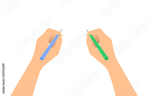An ambidextrous person writing with both hands isolated on a white background. Flat vector illustration