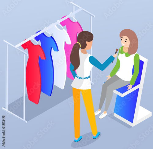 Glamour beauty salon with lady visagiste and client. Female professional worker applying cosmetics with brush. Make up artist makes up face of woman in dressing room. Work with cosmetics design