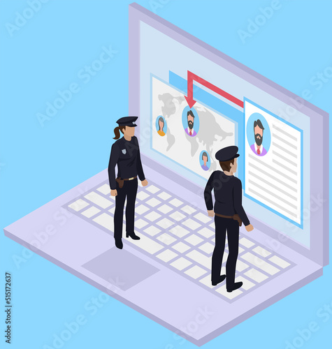 Police are looking for person. Search for criminal. Detective board. Investigating, evidence and clues. Crime detectives working information, photos and map on police desk in computer with offenders