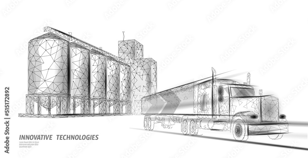 Wheat flour granary production 3D low poly. International food safety bread bakery concept. Industrial technology global export vector illustration