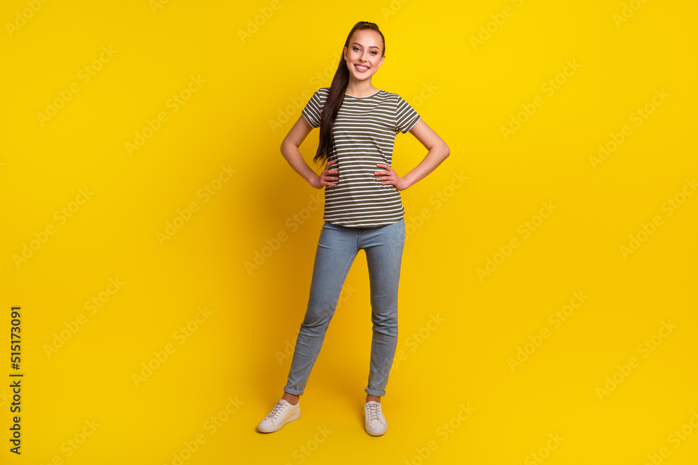 Full length photo of good mood lady hands waist enjoy rest isolated shine color background Full length photo of good mood lady hands waist enjoy rest isolated shine color background