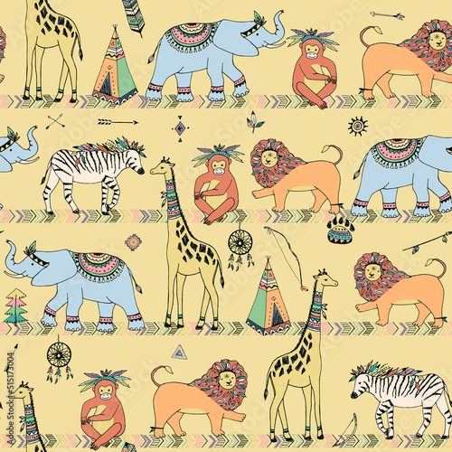 Tribal african animals vector seamless pattern