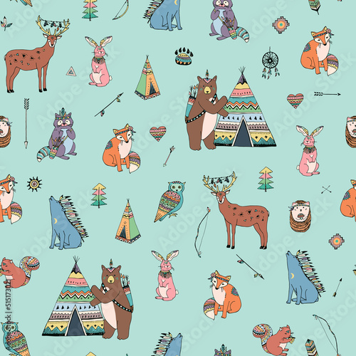 Tribal forest animals vector seamless pattern