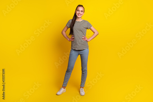 Full length photo of good mood lady hands waist enjoy rest isolated shine color background