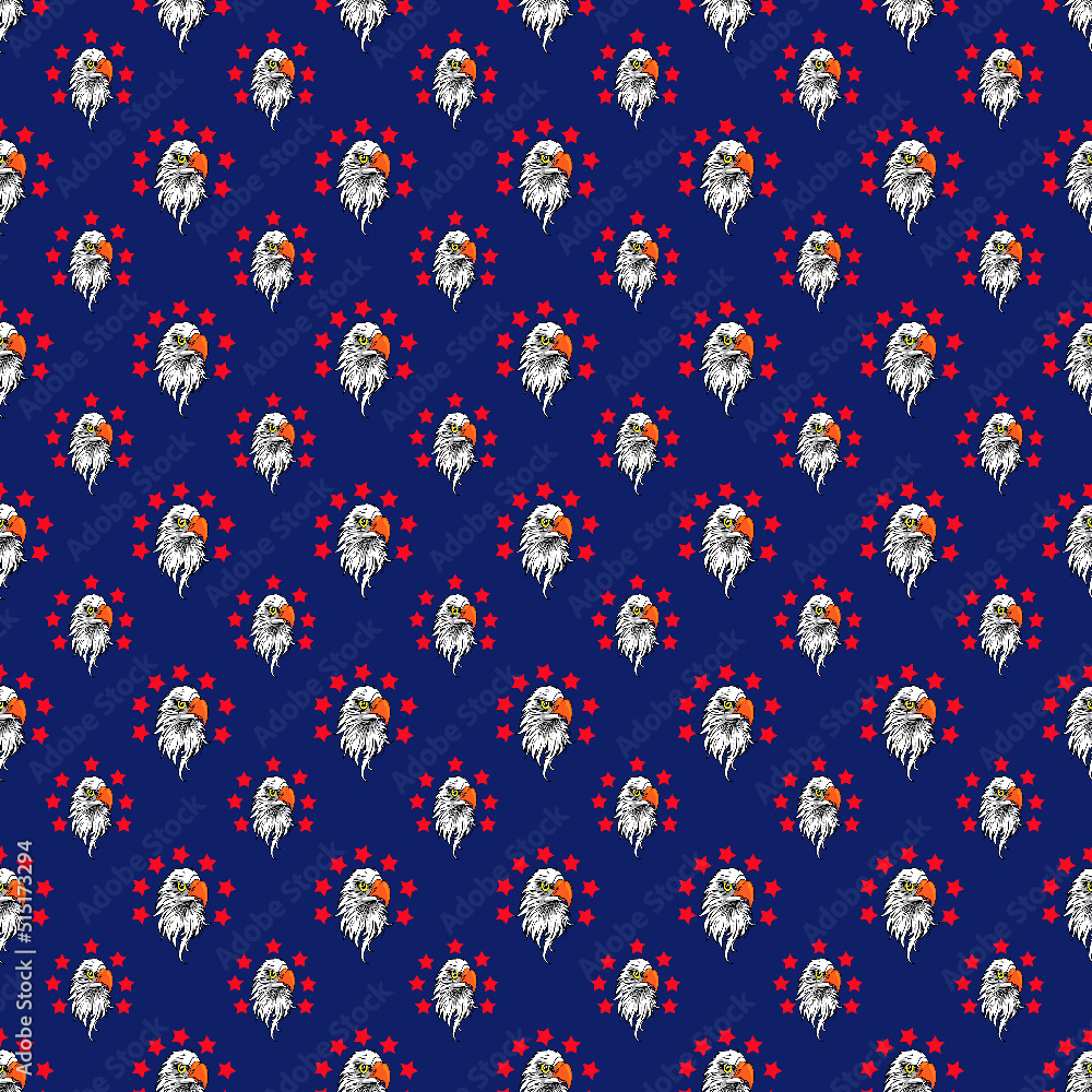 A seamless American bald eagle texture on a dark blue background.