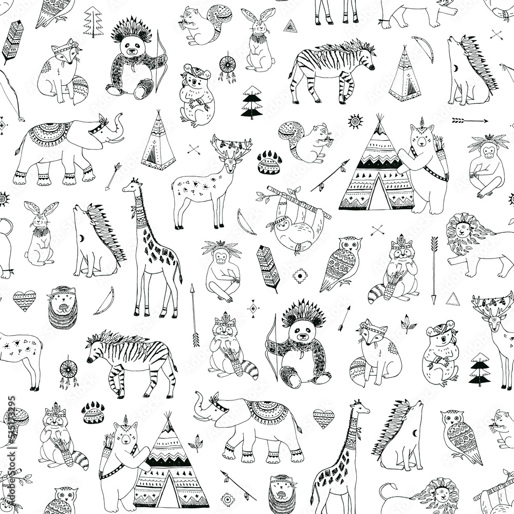 Tribal animals vector seamless pattern