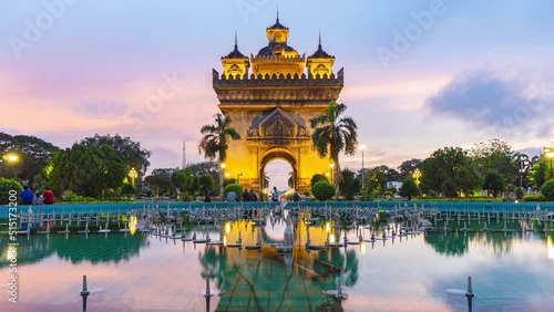 Patuxai Victory Monument of Vientiane Day to Night Time Lapse, Laos
