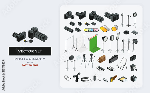 Photography elements set vector isometric with various photoshoot equipment. Color Editable Eps 10.