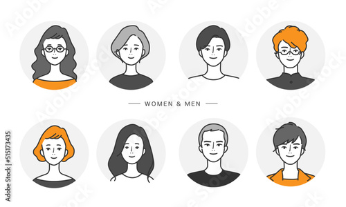 若い男性と女性の顔セット