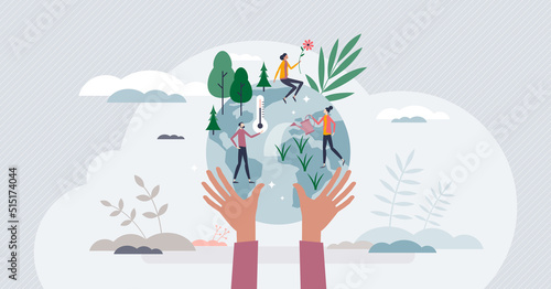 Save the planet and environment protection community tiny person concept. Ecological lifestyle and vulnerable earth awareness or care vector illustration. Support sustainable temperature conservation. photo