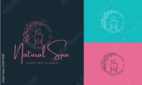 Set of Spa element Hand Drawn Logo with body and Leaves. Logo for spa and beauty salon, boutique, massage therapy, organic shop, relaxation, woman body, interior, yoga, cosmetics, jewelry store
