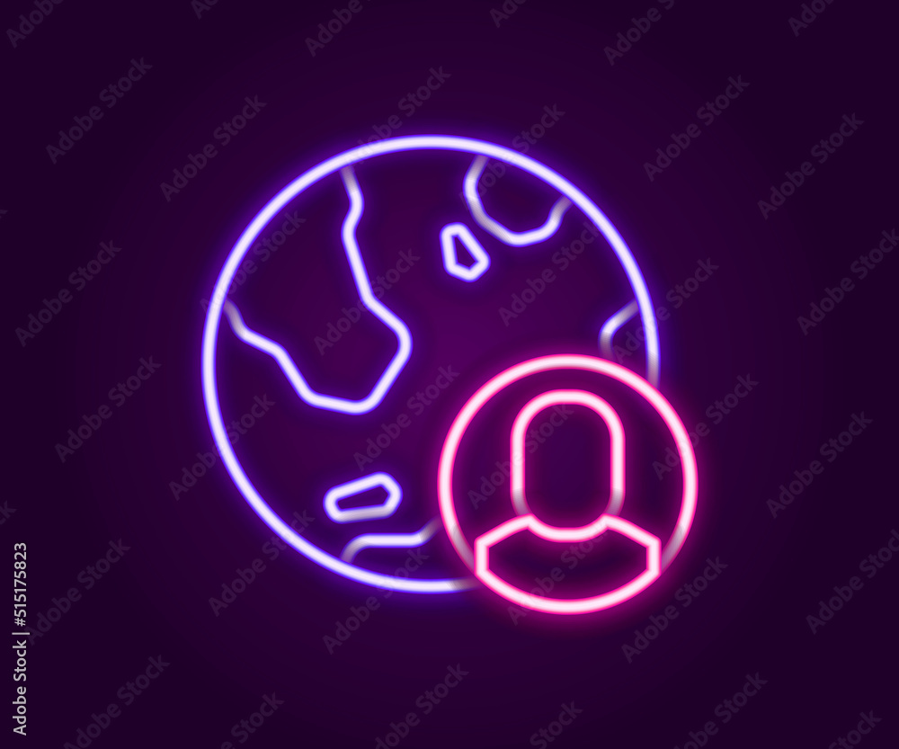 Glowing neon line Globe and people icon isolated on black background. Global business symbol. Social network icon. Colorful outline concept. Vector Glowing neon line Globe and people icon isolated on black background. Global business symbol. Social network icon. Colorful outline concept. Vector