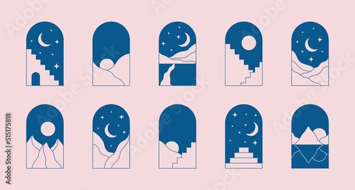Surreal abstract arc with stairs and landscapes. Boho minimal line arch, staircases, hills, trendy mystic set. Vector geometric art illustration