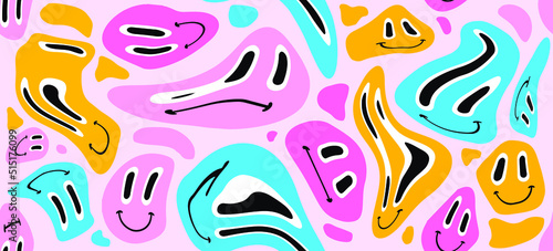 Seamless pattern with funny cartoon characters. Trippy 70s style background.